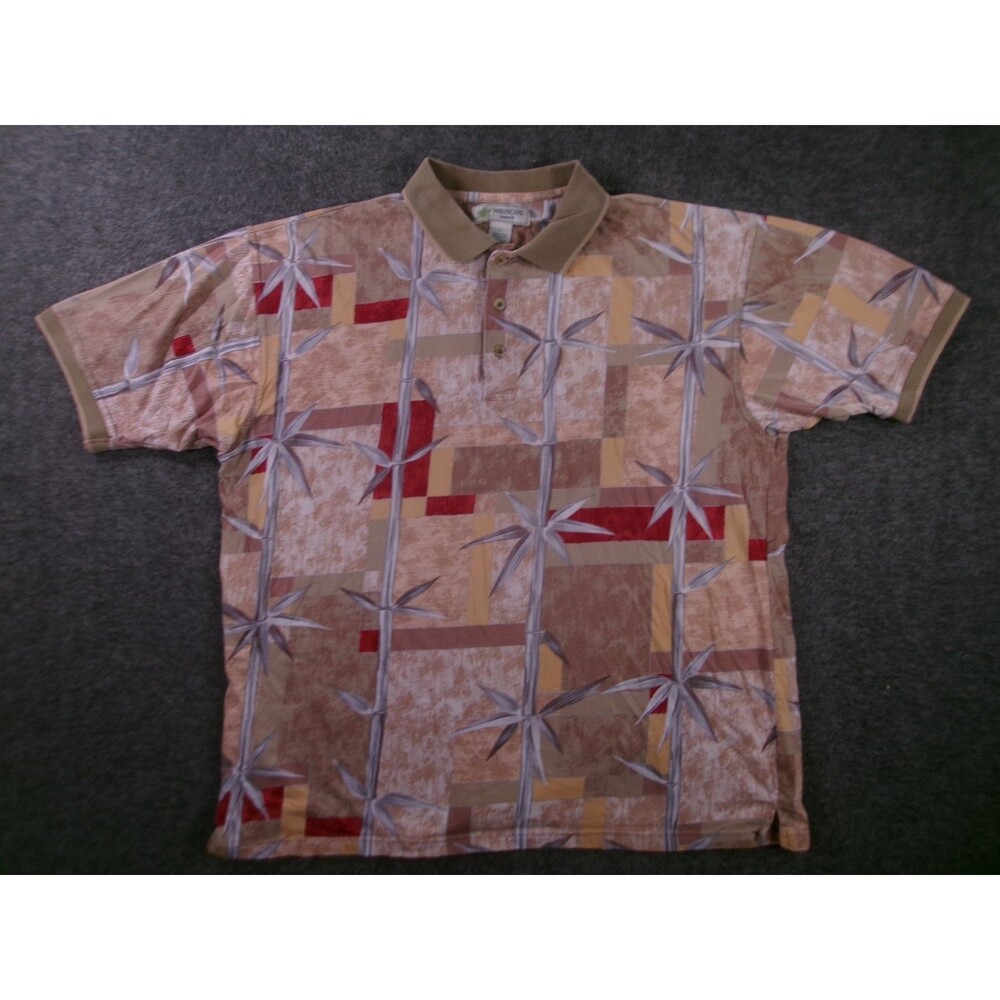 Hibiscus Polo Shirt Mens L Beige Hawaiian Aloha Floral Tropical Casual